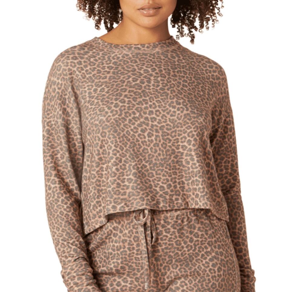 Beyond Yoga Brushed Up Cropped Pullover Top Leopard Brown Small